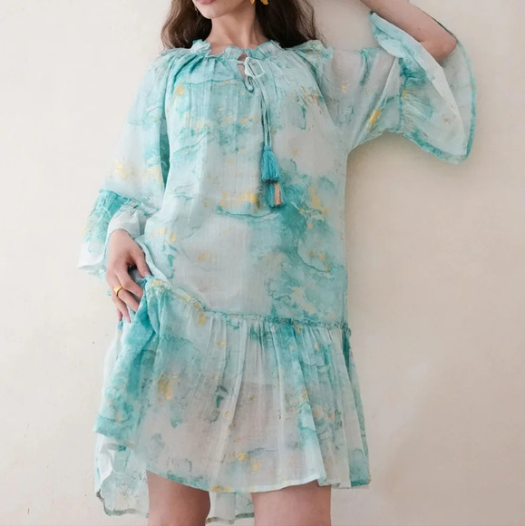 Debbie Katz Nalai Tunic Aqua Metallic Block Print Midi Dress Sz M Cottagecore - Picture 1 of 16